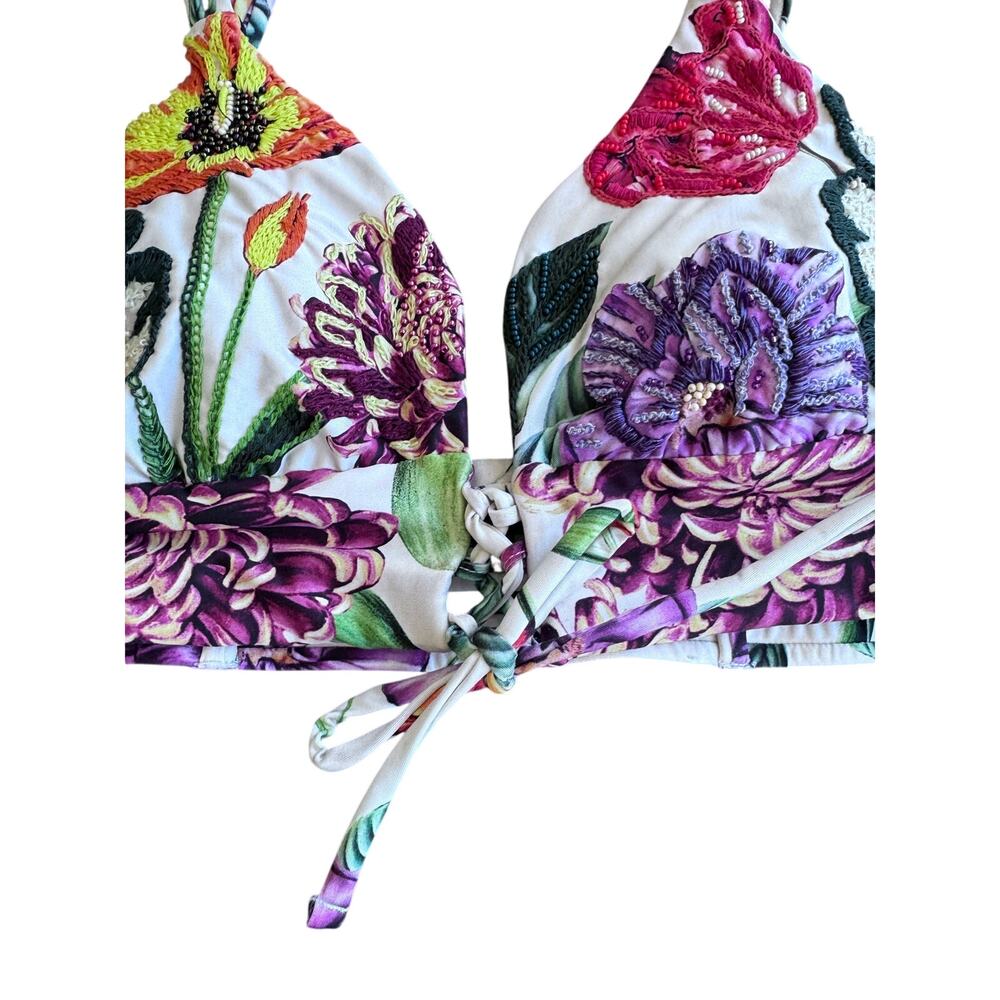 Agua Bendita Floral Embroidered Bikini Set Size L Triangle Tie Side Swimsuit - Picture 5 of 14